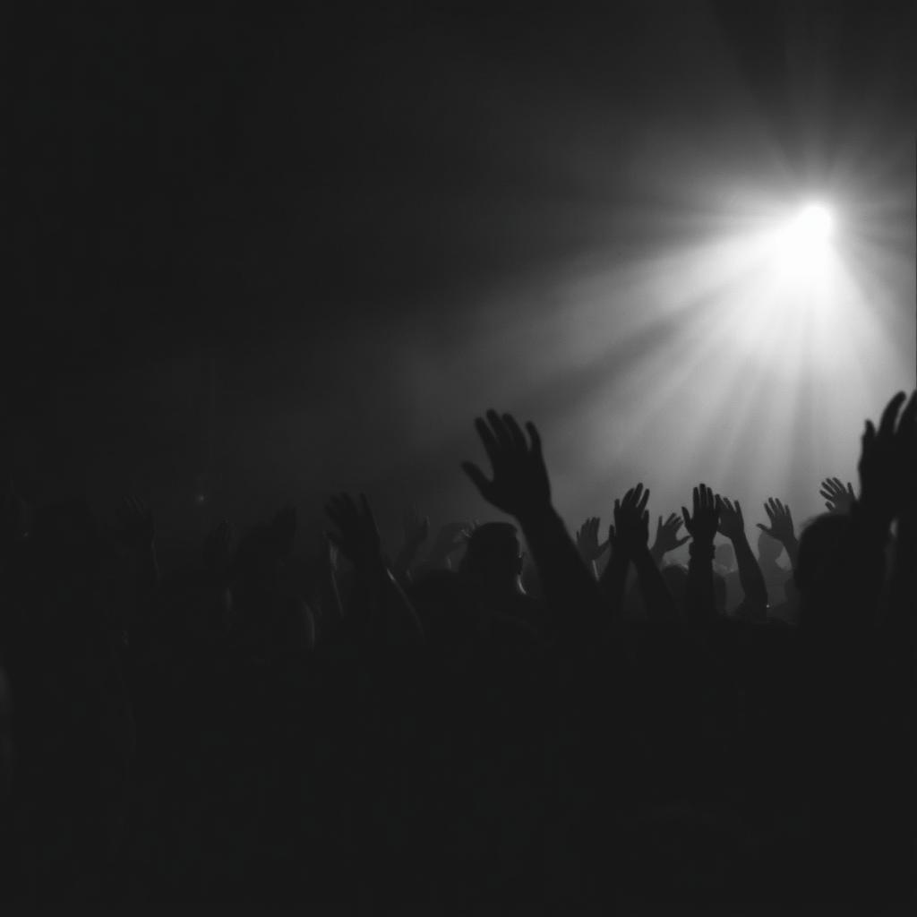 Crowd silhouettes with hands raised under a single spotlight
